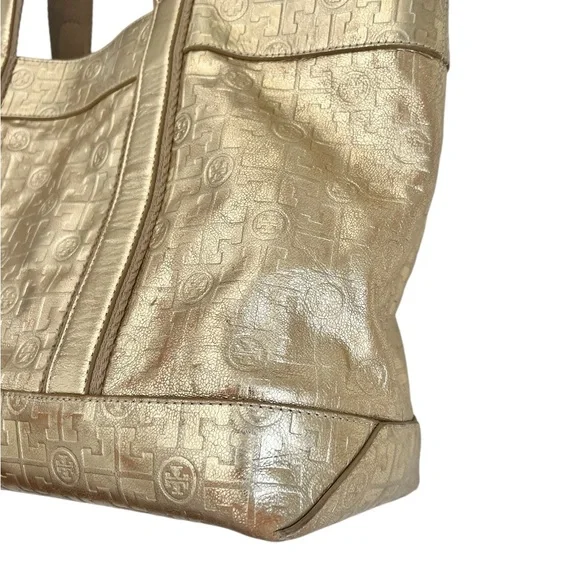 Tory Burch Golden Metallic Travel Tote Bag leather embossed logo lined - Picture 4 of 16